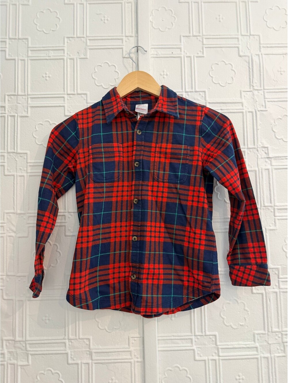 Hanna Andersson Kids Flannel Plaid Button Down Shirt Red Blue 120cm US 6-7